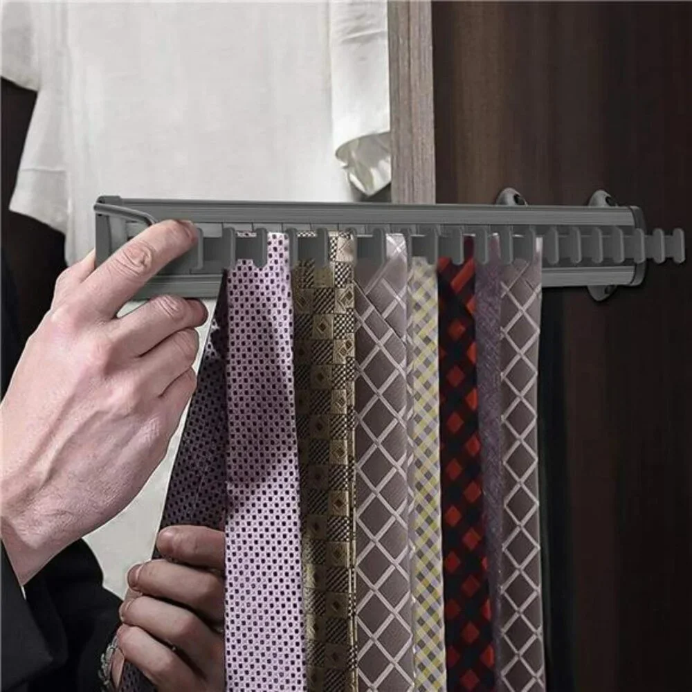 Sliding Tie Rack Closet Organizer 20 Hook Pull Out Belt Scarf Shawl Hanger Rail